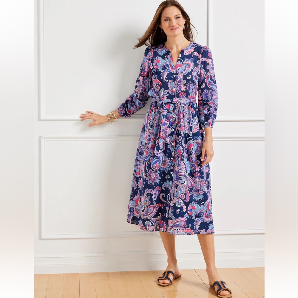 Talbots Voile Fit & Flare Pink and Blue Paisley Midi Shirt Dress Button Down
